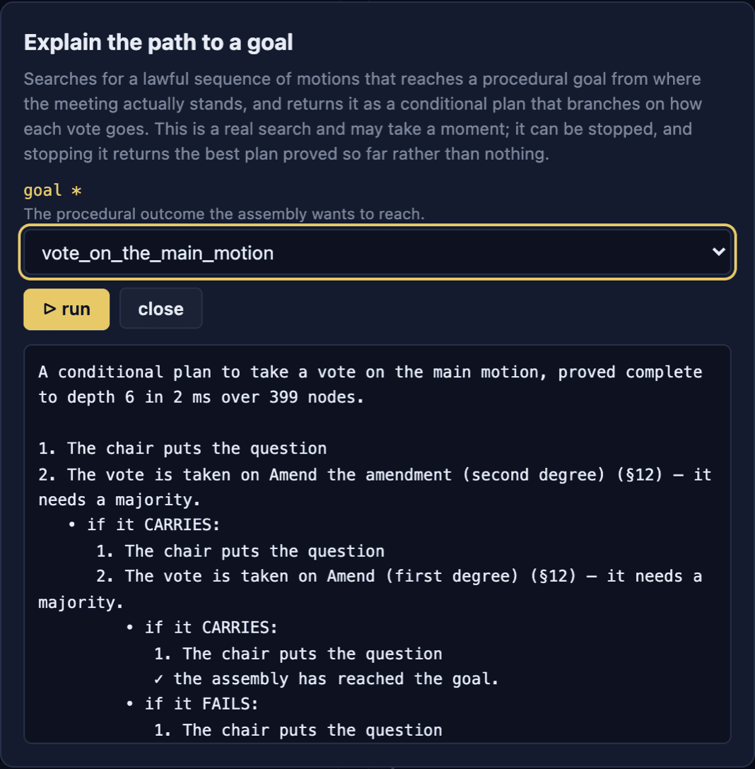 The explain_path_to panel printing a conditional plan that branches on whether each vote carries or fails.